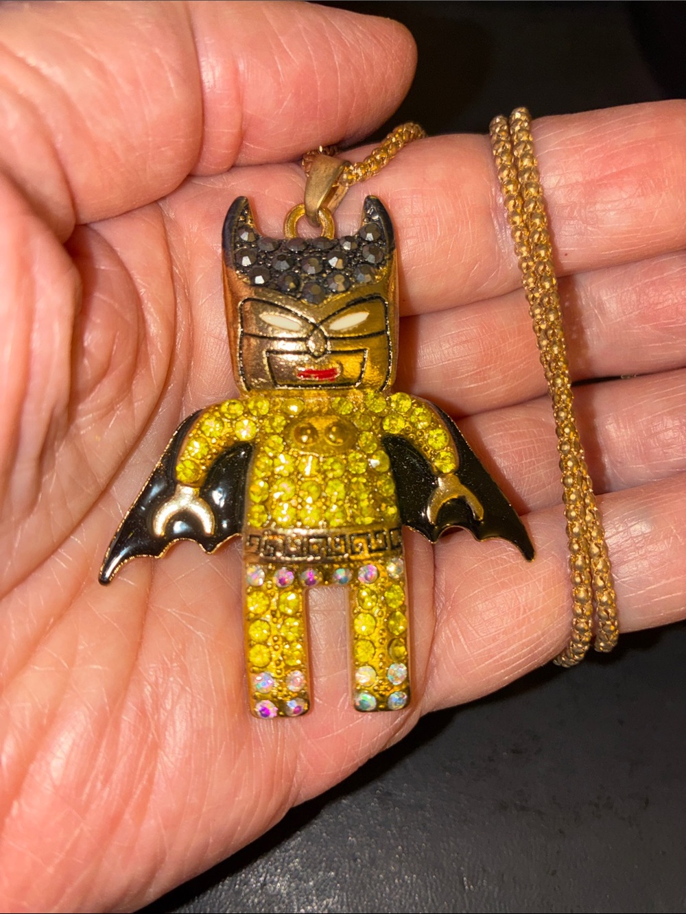 Gold Yellow Crystal Batman-Style Pendant Necklace. Kid Friendly.